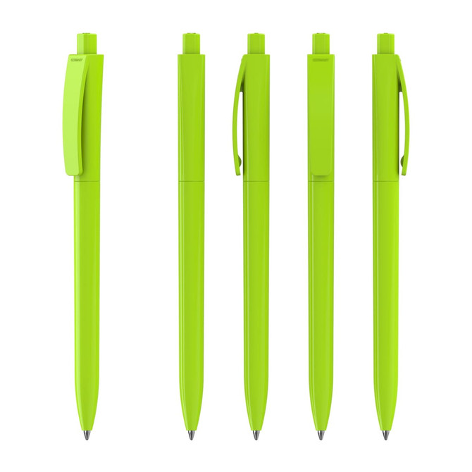 A set of five vibrant green plastic pens with clips and smooth finishes, featuring a logo on one pen.
