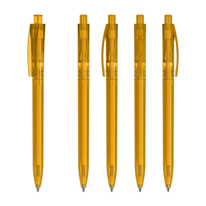 Five transparent orange plastic pens displayed upright, showcasing the unique design and clip mechanism.
