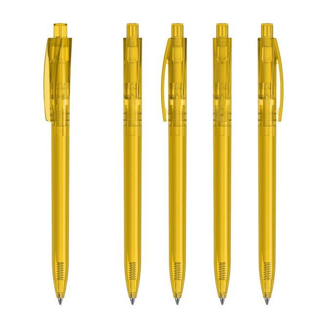 A collection of five transparent yellow plastic pens, each featuring a clip and a visible ink chamber.