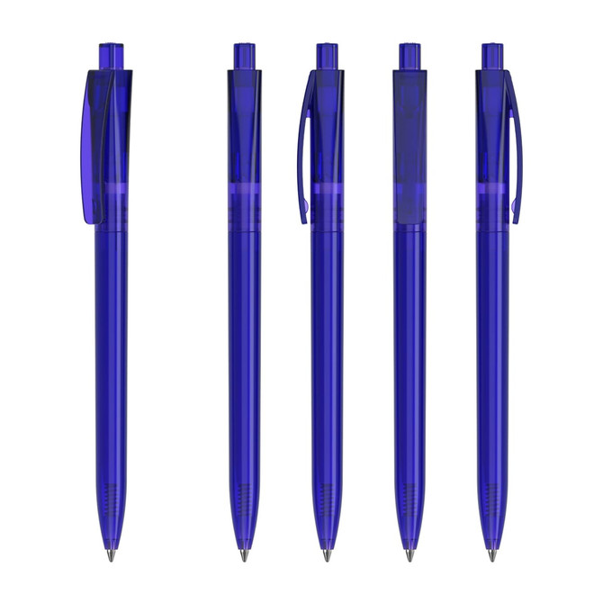 A collection of five transparent blue plastic pens, each featuring a clip and a smooth barrel design.