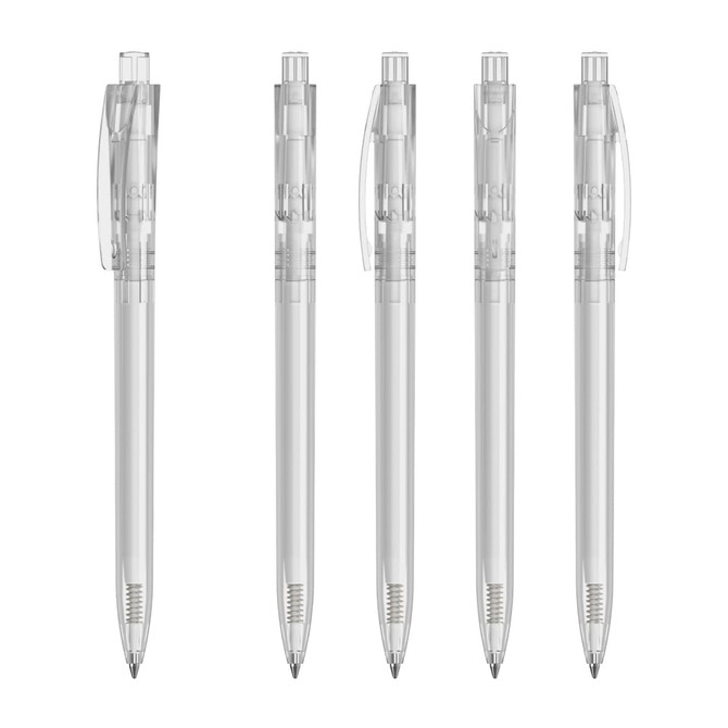 A set of transparent plastic pens in various positions, featuring silver accents and a clip on the side.