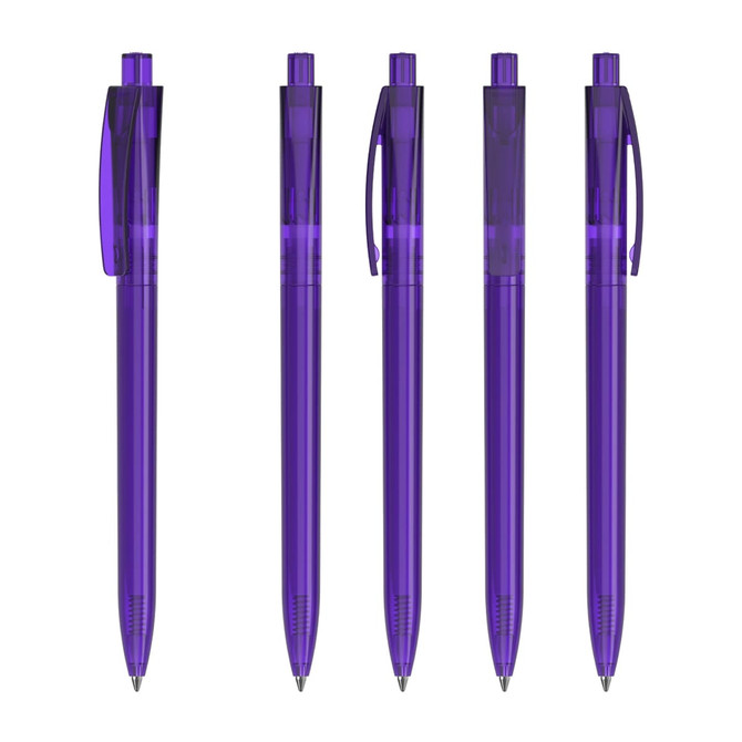 Five transparent purple plastic pens lined up, featuring different designs and a clip on each pen for carrying.