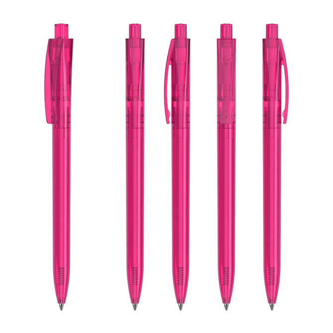 A set of five pink plastic pens with transparent bodies and clip mechanisms, arranged in a row.