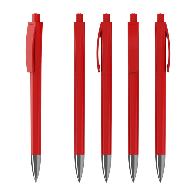 A set of five red plastic pens with shiny finishes and silver accents, featuring clips and push-button tips.