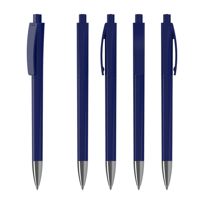 A collection of navy blue plastic pens with shiny silver accents, featuring a clip and push-button design.