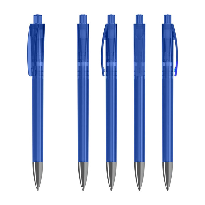 A set of transparent blue plastic pens with silver tips, featuring clips and a logo on each pen.
