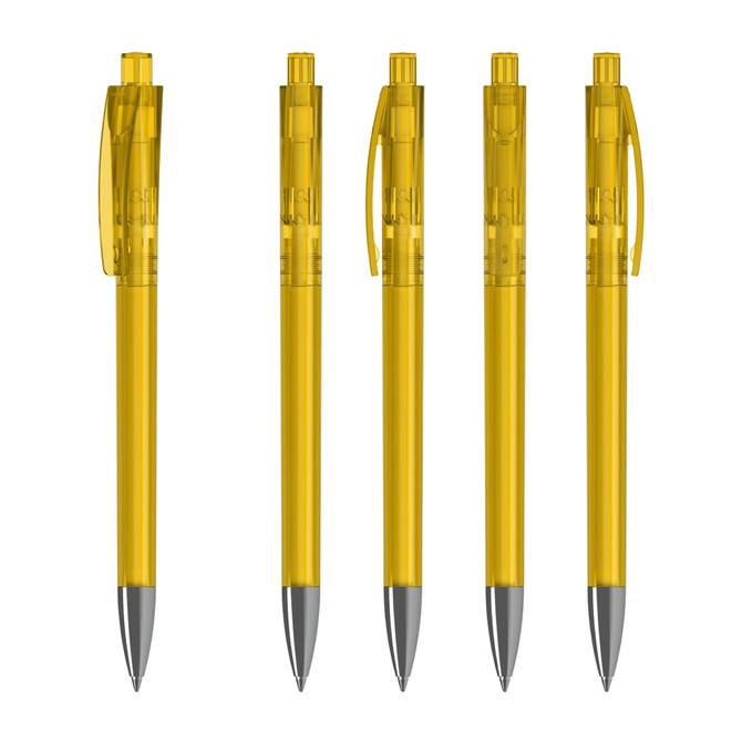 A set of transparent yellow plastic pens with grey tips, featuring a clip and retractable design.