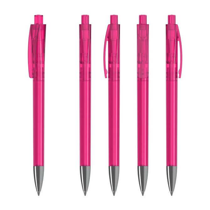 Five pink transparent plastic pens with silver tips, featuring a clip and click mechanism, arranged in a row.
