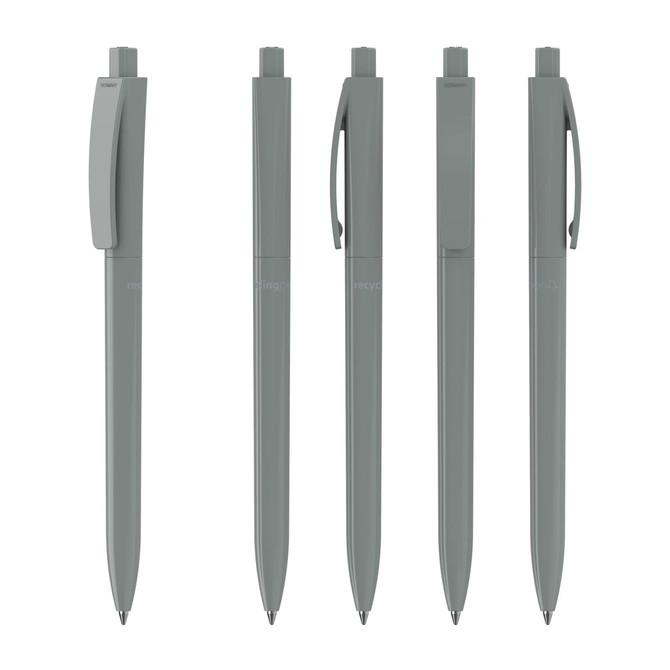 A set of five grey plastic pens displayed in a row, featuring a clip on each pen. Each pen has a sleek design and a logo.