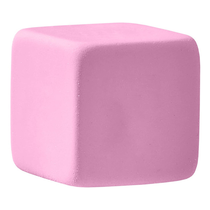 A pink rubber cube eraser with smooth edges, featuring a simple design and a logo.