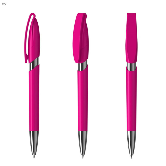 A bright pink plastic pen with a sleek design and a silver clip, featuring a cap.