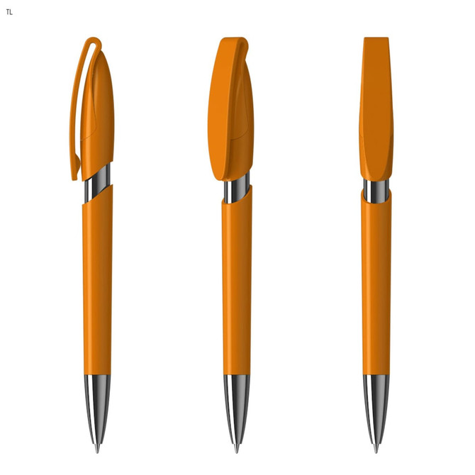 An orange plastic pen with a silver tip, featuring a click mechanism and a clip for attachment.