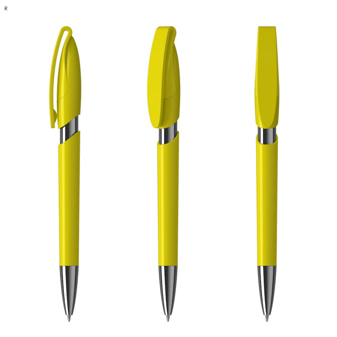A bright yellow plastic pen with a silver clip and tip, featuring a sleek, modern design and a logo.