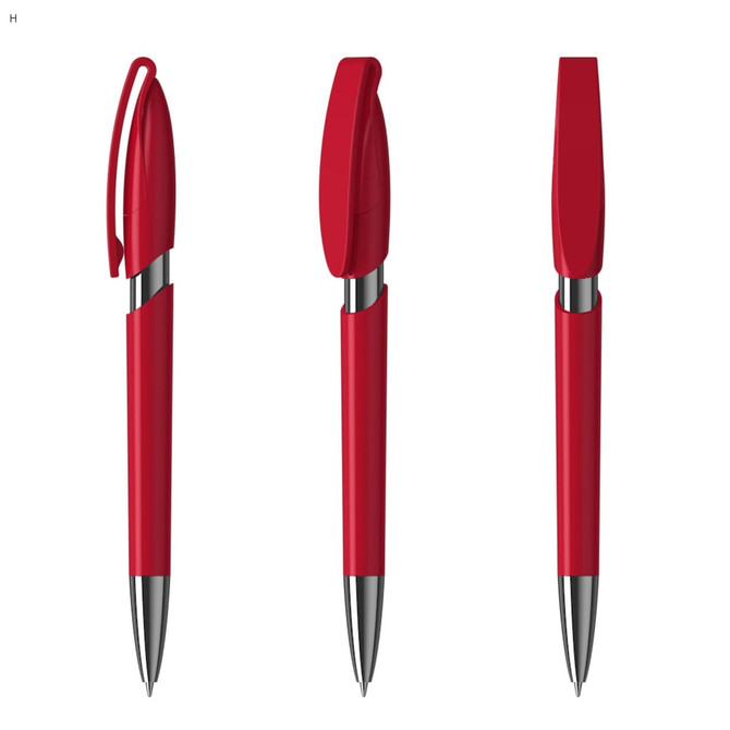 A red plastic pen with a silver clip and tip, showcased from three angles. It features a logo on the body.