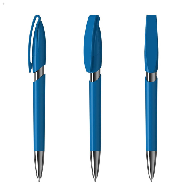 A blue plastic pen with a clip, featuring a sleek design and metal details, displayed in three orientations.