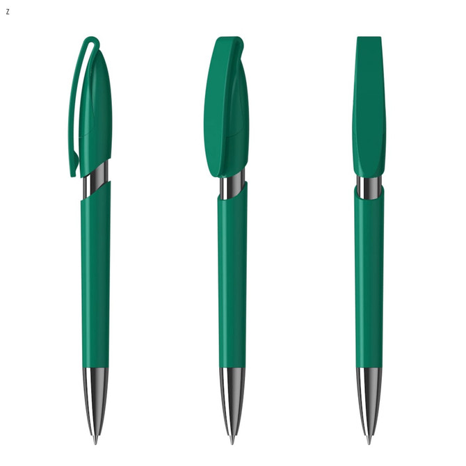 A green plastic pen with a retractable top and a silver tip, featuring a branding logo.