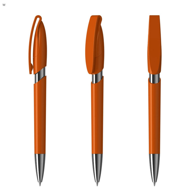 An orange plastic pen with a shiny silver tip, featuring a clip and a smooth finish, has a logo on the barrel.