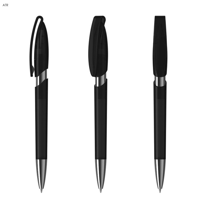 Three black plastic pens with silver accents and retractable mechanisms, featuring a logo on each.