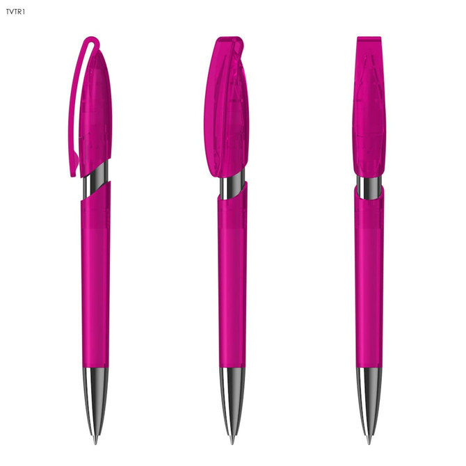 A set of three magenta plastic pens with silver accents and transparent barrels, featuring a logo on one side.