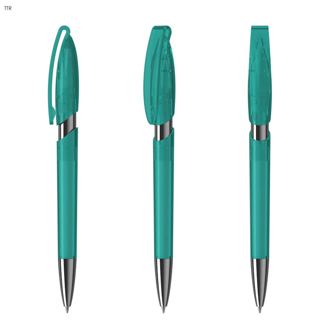 A set of transparent teal plastic pens with silver detailing and signature branding.