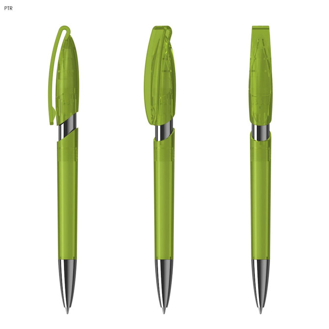 A green transparent plastic pen with a silver clip and tip, displayed in three positions.