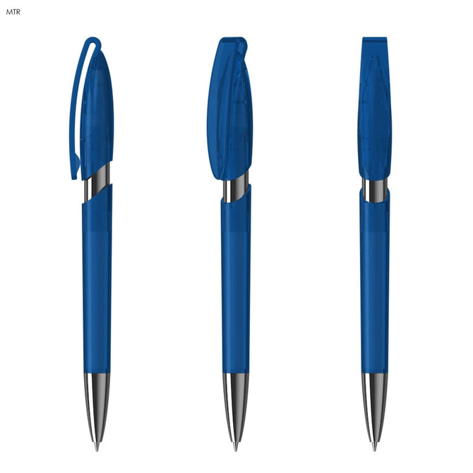 A set of three transparent blue plastic pens with silver tips and clips, featuring a clear cap design.