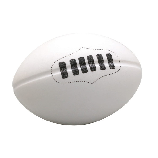 A white stress footy with black detailing and a logo on its surface, ideal for stress relief and fun.