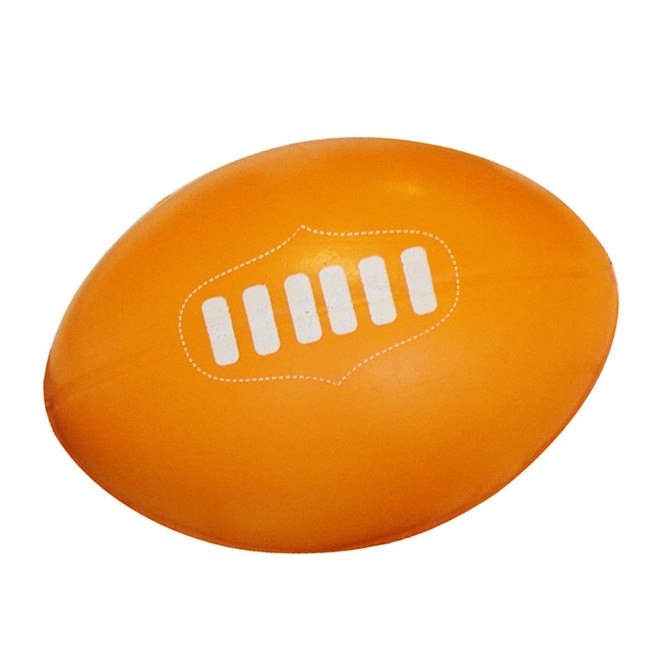 An orange stress ball shaped like a rugby ball, featuring a white logo on its surface.
