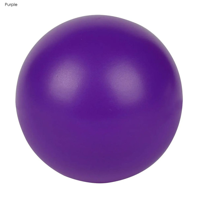 A purple stress ball with a smooth surface, round shape, and a simple design featuring a logo.