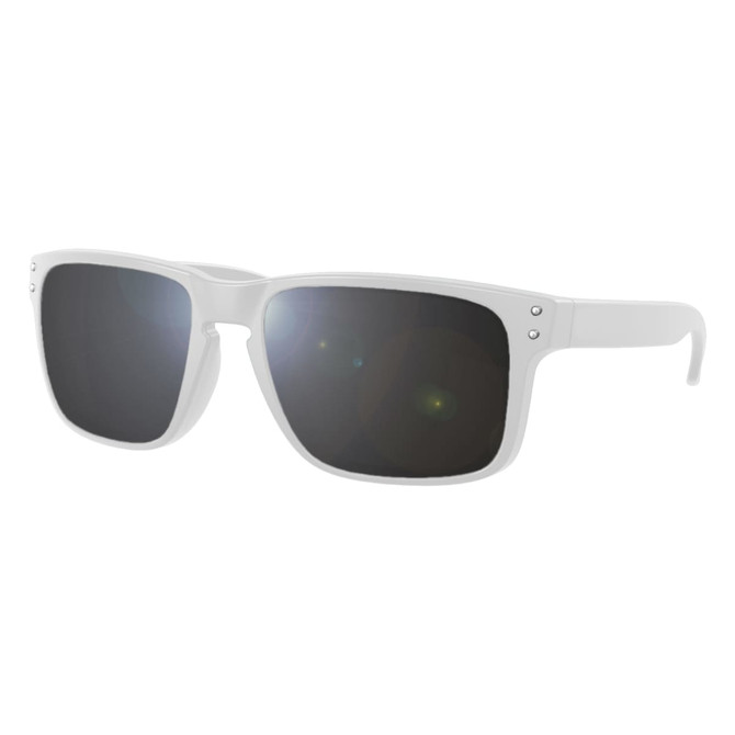 White sunglasses with dark lenses, featuring a simple design and a logo on the side. Suitable for leisure and outdoor use.