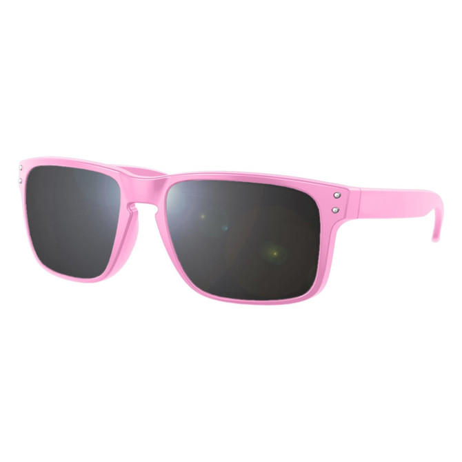 Geo RPET sunglasses in pink with dark lenses, featuring a simple design and a logo on the arm.