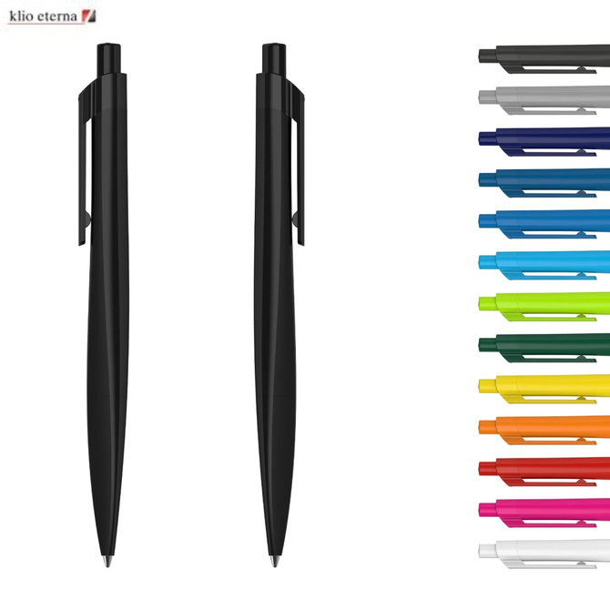 Black plastic pens with a sleek design, accompanied by a range of coloured options displayed on the right.
