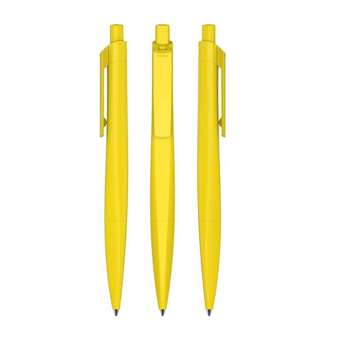 Three yellow plastic pens are displayed from different angles, featuring a simple design and a clip on each pen.