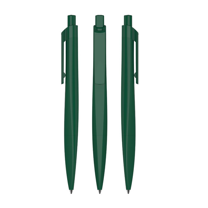 Three green plastic pens displayed from different angles, showcasing a sleek and modern design.