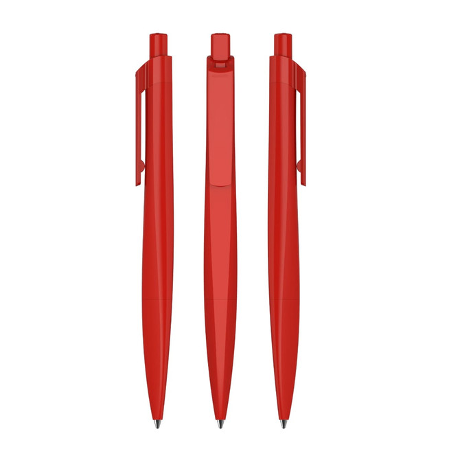 A set of three red plastic pens, featuring a sleek design and clip for convenience.，各自呈现不同的角度.