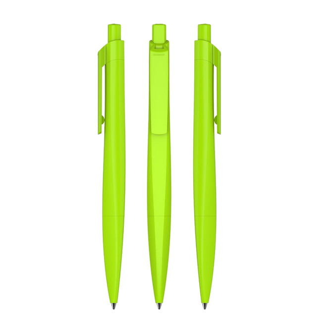 Three bright green plastic pens displayed from different angles. The pens feature a clip and smooth body design.