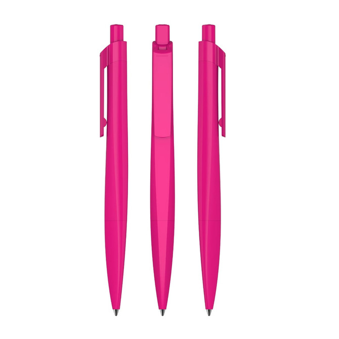 Three bright pink plastic pens displayed from different angles, featuring a simple design and a clip for attachment.