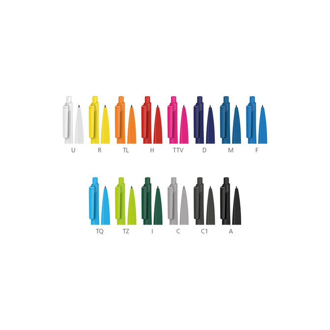 A collection of plastic pens in various colours, including white, orange, green, and purple, displayed in a row.