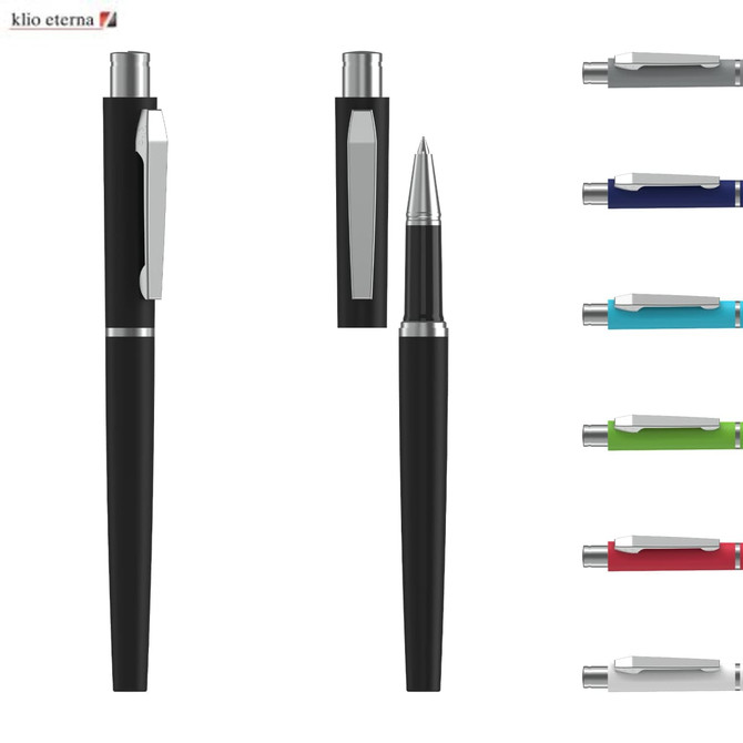 A rollerball soft-touch metal pen in black, alongside various coloured metal pens, on a white background.
