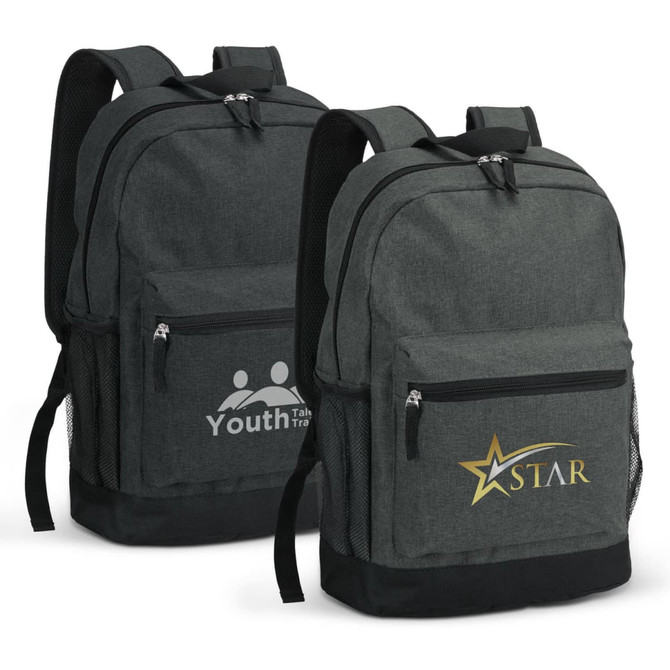 A grey backpack with multiple pockets and mesh sides, featuring two logos on the front.