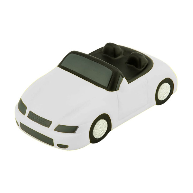 A white stress sports car featuring a black interior and four wheels. The product includes a simple logo on the side.