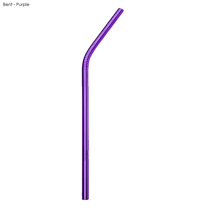 A purple stainless steel straw, bent design, measuring 8mm x 215mm, with a logo displayed.