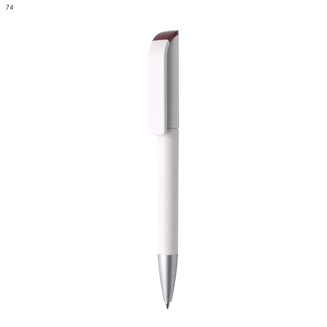 A plastic pen with a white body and a maroon top, featuring a silver clip. The pen has a sleek design and a branding logo.
