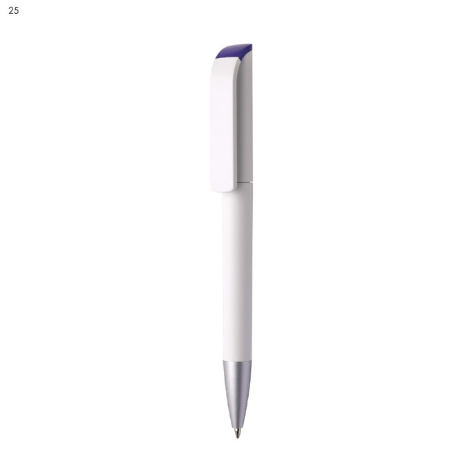 A white plastic pen with a purple accent and silver tip, featuring a clip and a simple design.