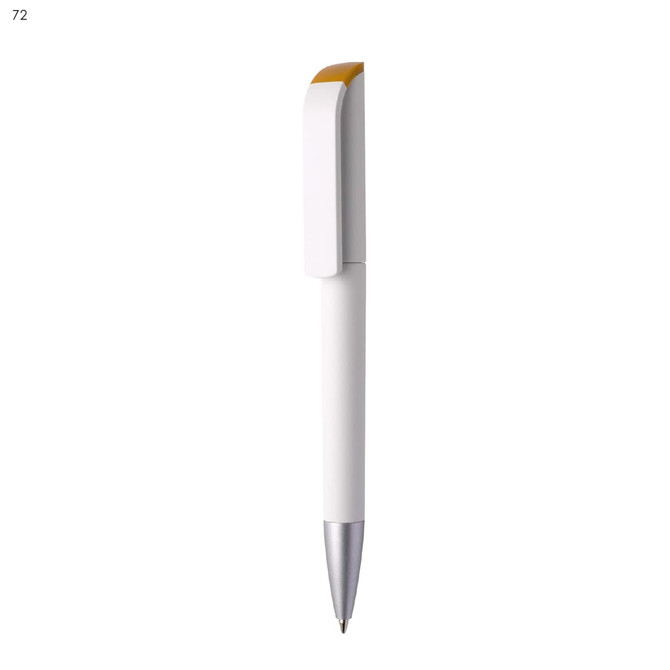 A white plastic pen with a silver tip and a gold accent on the clip. The pen has a logo.