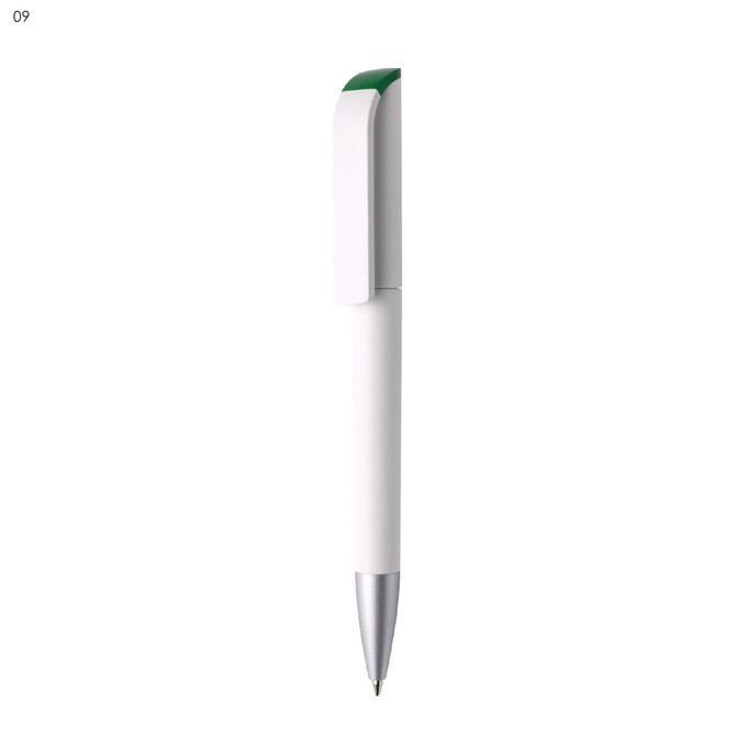 A white plastic pen with a green clip and a silver tip, featuring a branding logo.