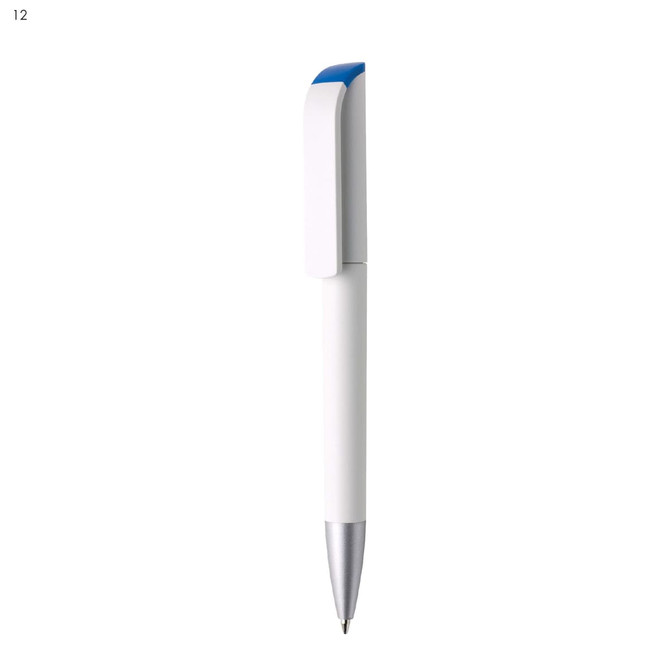 A plastic pen in white with a blue cap and a silver tip, featuring a logo on its body.