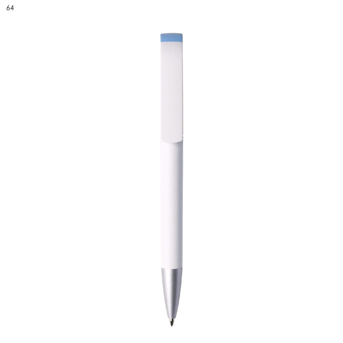 A plastic pen with a white body and a light blue top, featuring a silver tip. It has a logo on it.