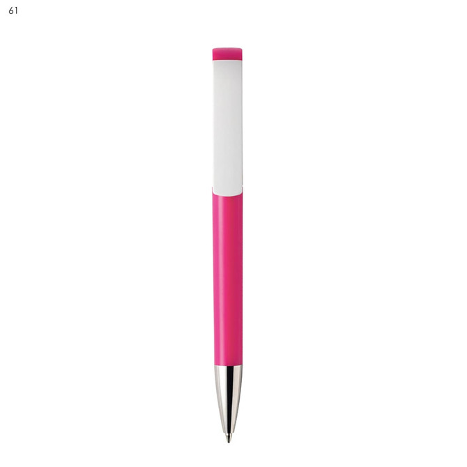 A pink plastic pen with a white grip and shiny silver tip, featuring a logo.