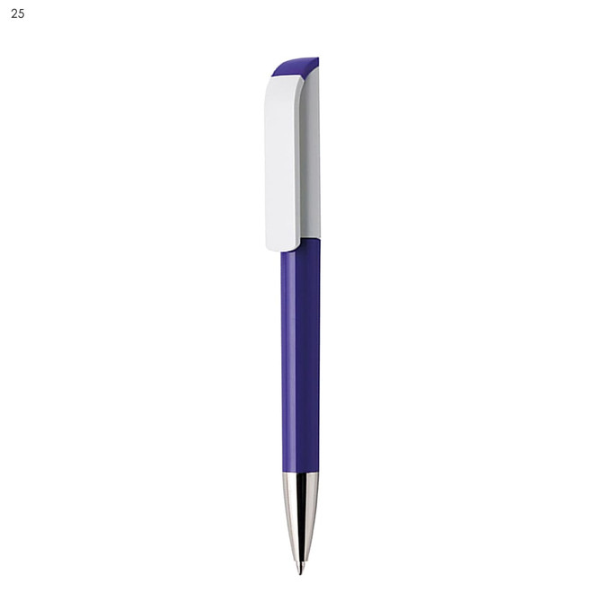 A plastic pen in purple with a white clip and silver tip, featuring a brand logo.
